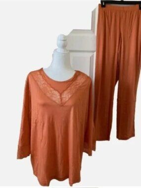 NWT HANRO JUNA 2 PC Pajama Set Coral Gold XL Pajamas Retail $278.